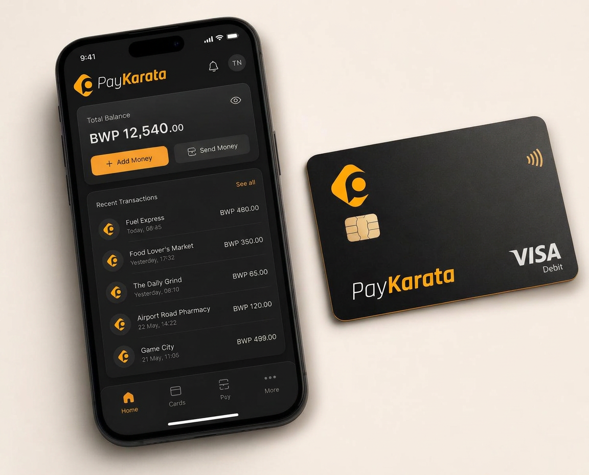PayKarata wallet app concept on a phone alongside a PayKarata-branded virtual prepaid card